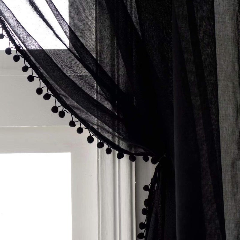 MISS SELECTEX Linen Look Pom Pom Tasseled Sheer Curtains - Rod Pocket Voile Semi-Sheer Curtains for Living and Bedroom, Set of 2 Curtain Panels (52 x 63 inch, Black) - Image 1